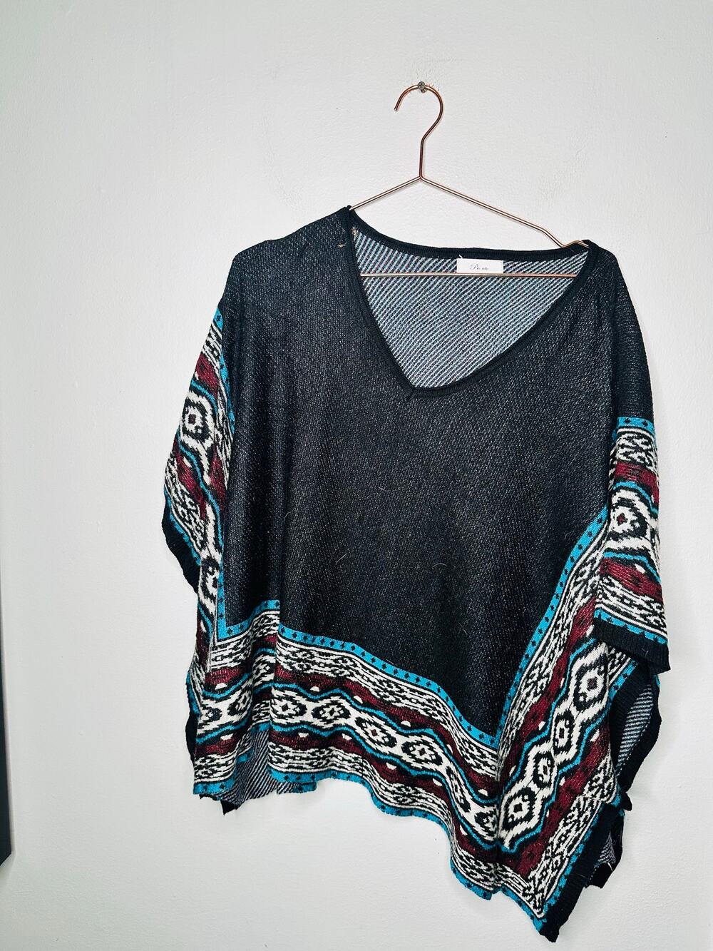 PRONTO Black Teal V-Neck Midwestern Fits Most Poncho Top One Size